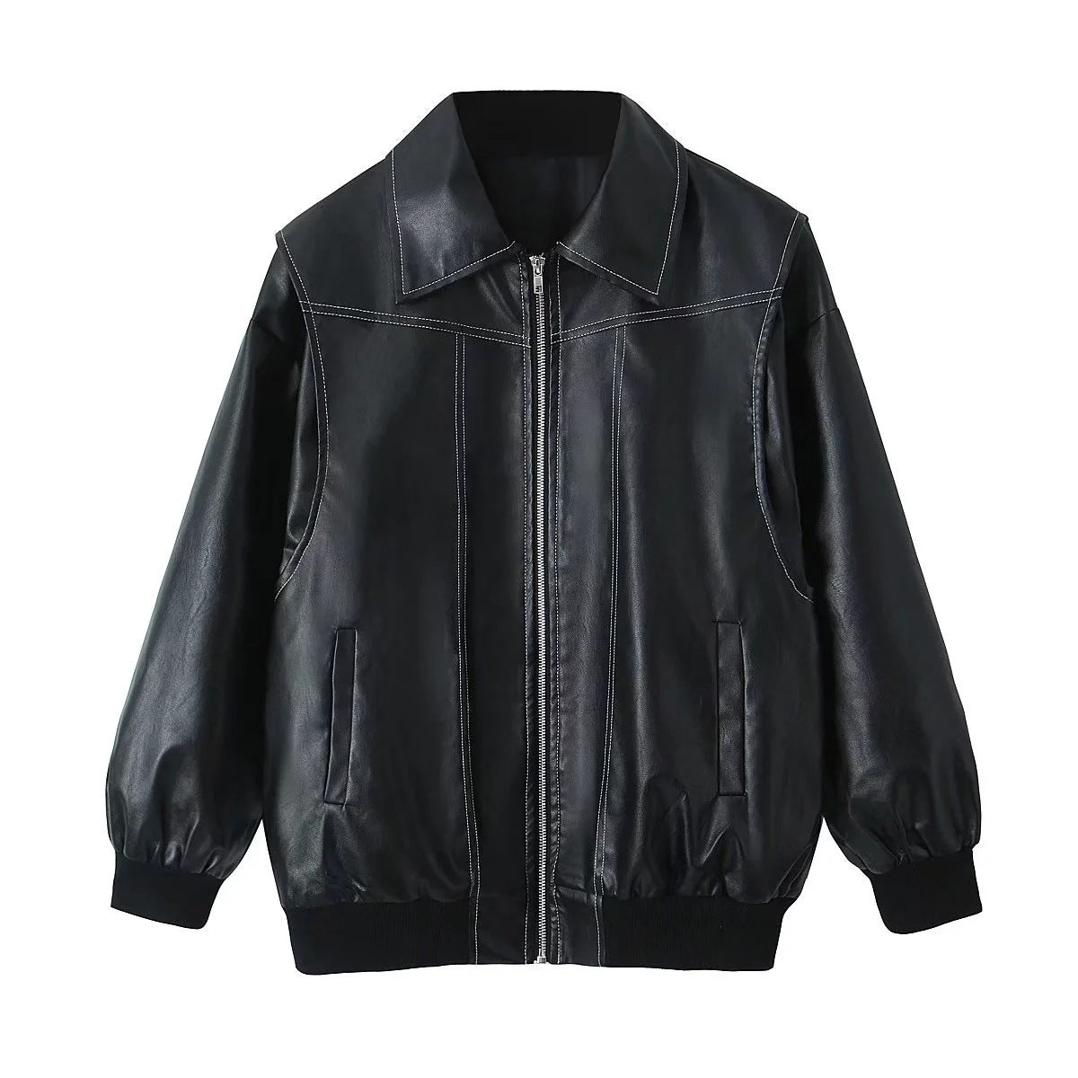 Veste Moto Femme à Col Revers – Cuir Longue avec Fermeture Zippée - Reflet Paris