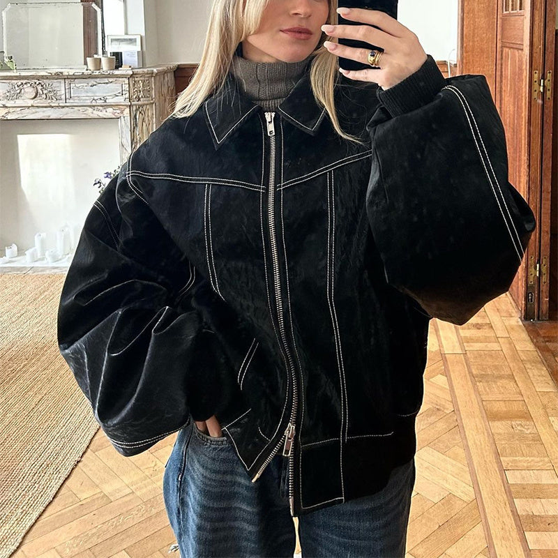 Veste Moto Femme à Col Revers – Cuir Longue avec Fermeture Zippée - Reflet Paris