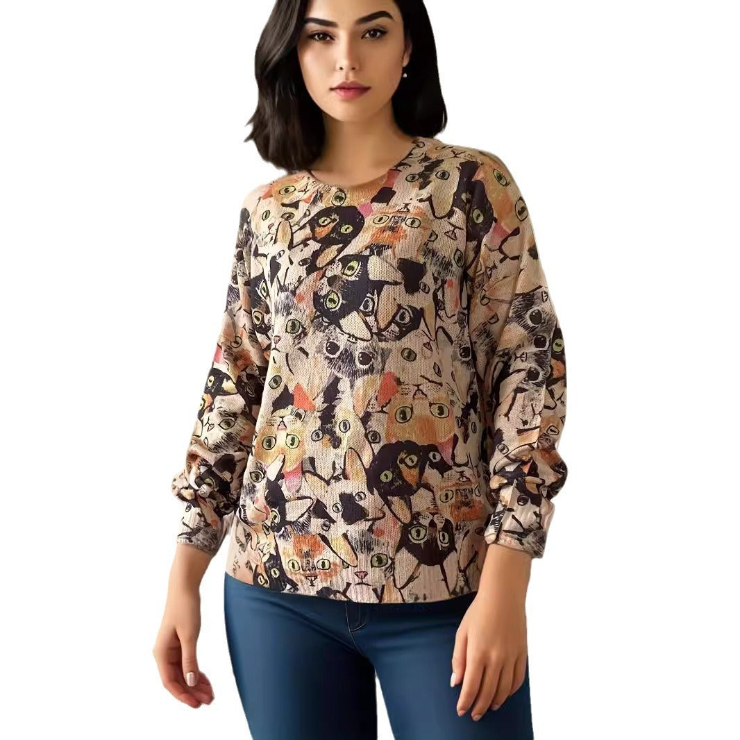 Pull Oversize à Col Rond Motif Chat – Confort et Style Décontracté pour l'Automne/Hiver - Reflet Paris
