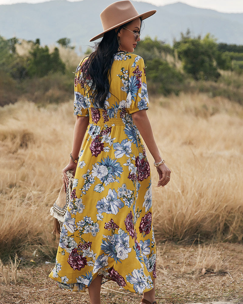 Robe d’Été Fleurie à Col V – Élégance Bohème, Taille Haute - Reflet Paris