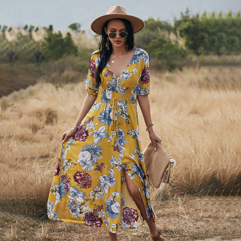 Robe d’Été Fleurie à Col V – Élégance Bohème, Taille Haute - Reflet Paris