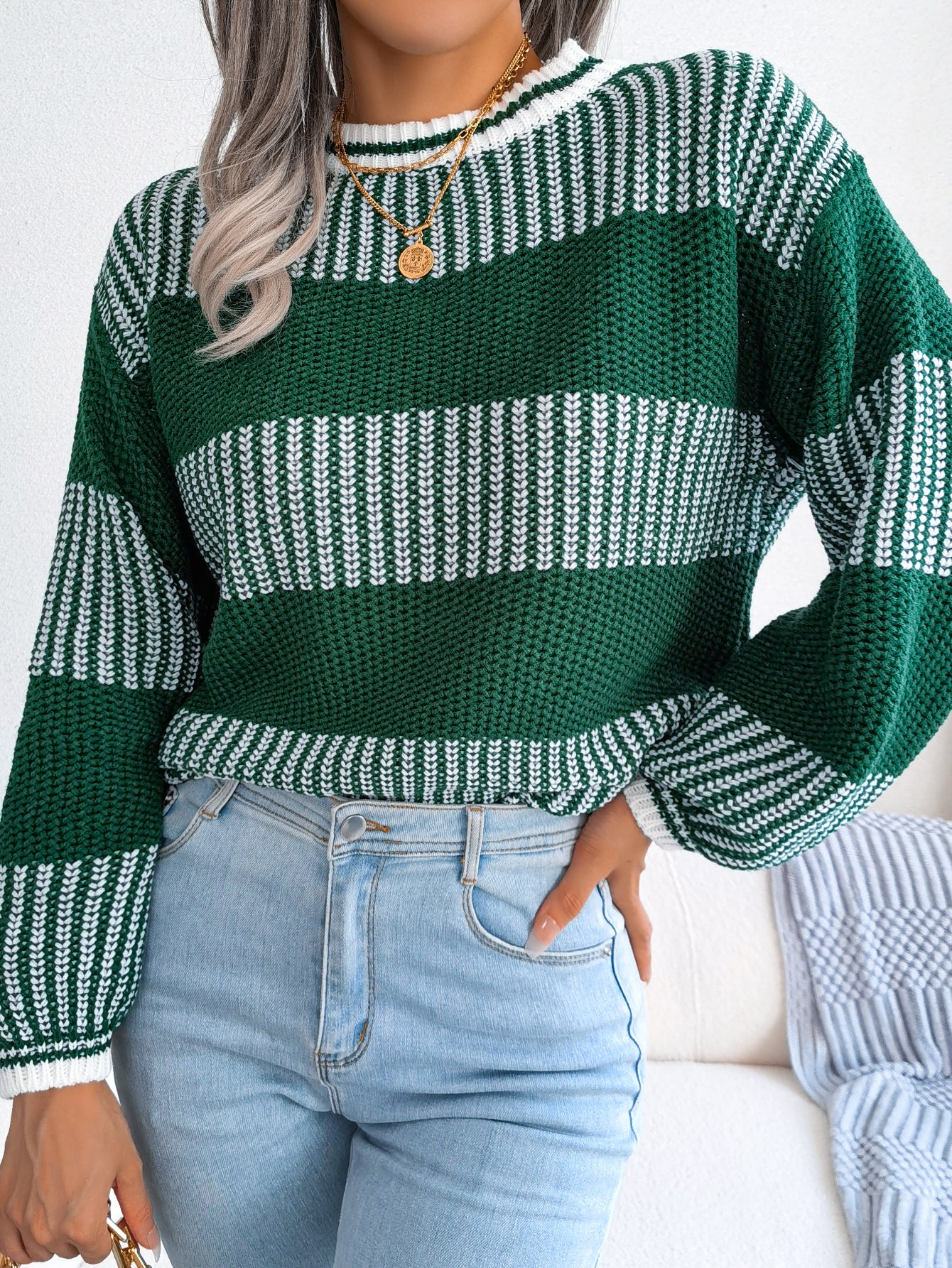 Two-Tone Crewneck Dropped Shoulder Sweater