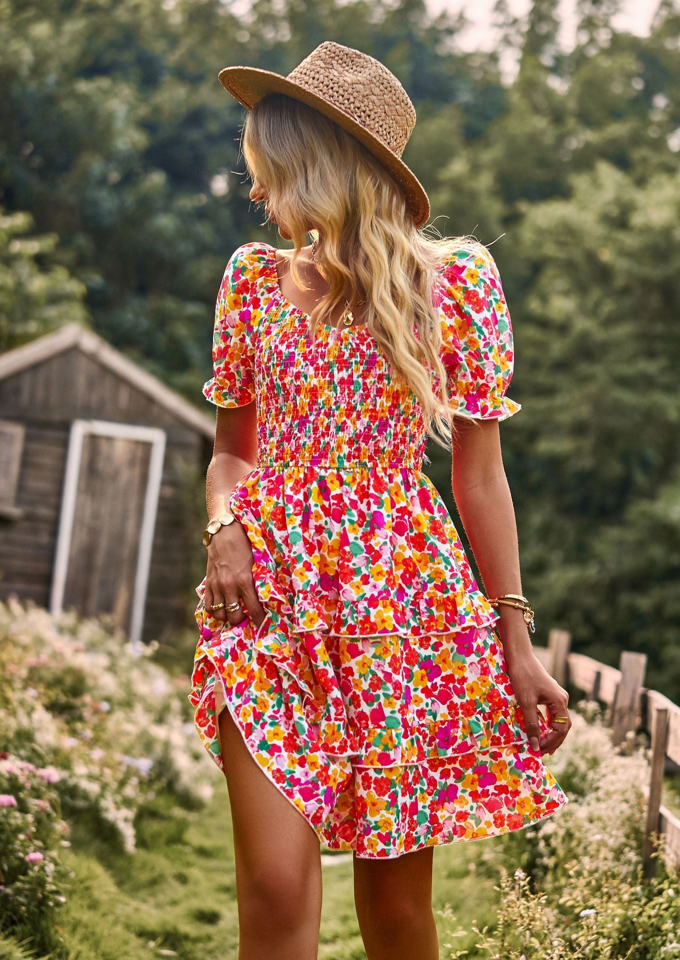 Robe d'Été Fleurie à Volants – Robe Mini Off Shoulder à Manches Courtes - Reflet Paris