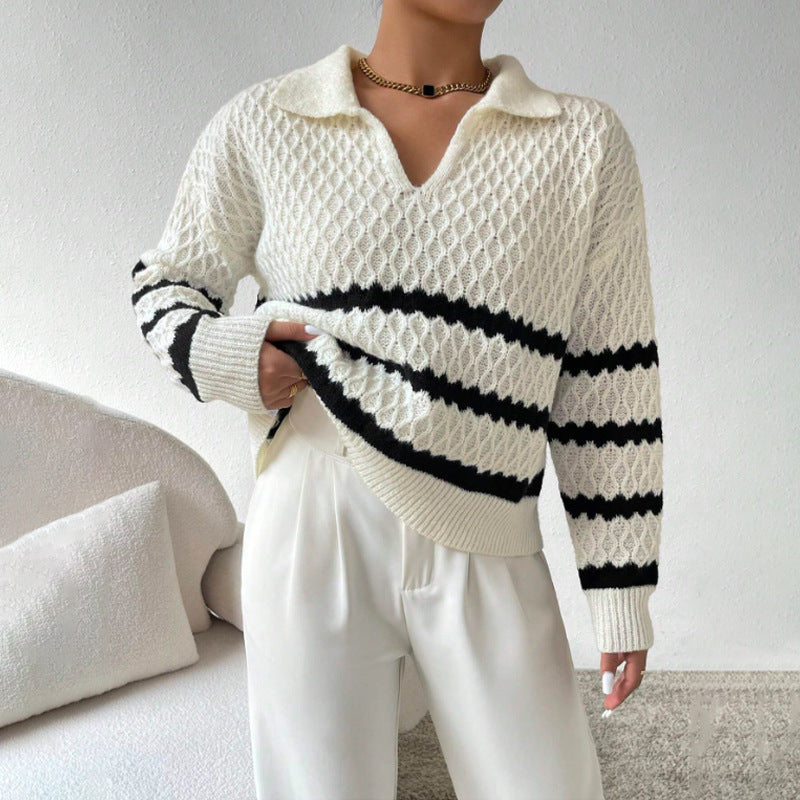 Striped Fashion Polo Collar Pullover