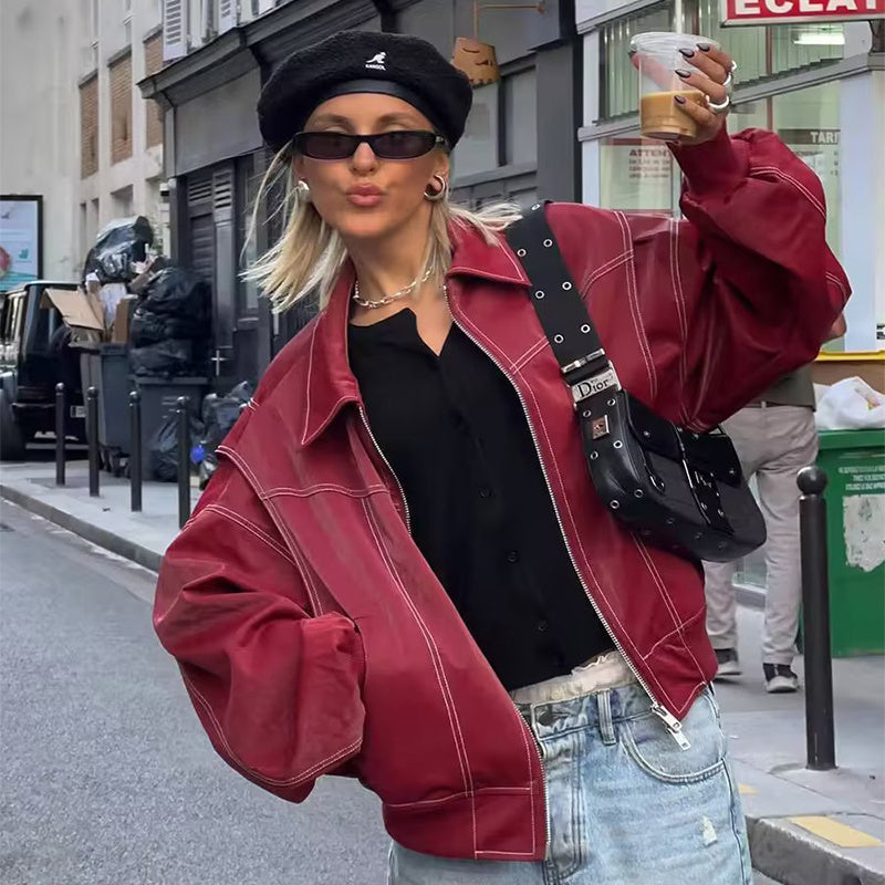Veste Moto Femme à Col Revers – Cuir Longue avec Fermeture Zippée - Reflet Paris