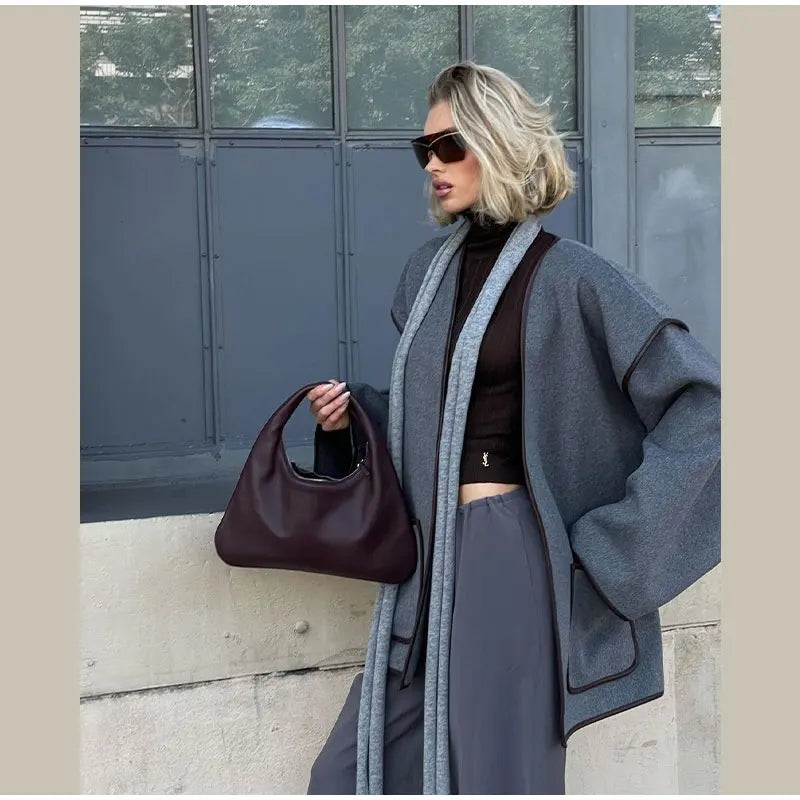 Veste Élégante en Laine pour Femme – Style Streetwear avec Col V et Ceinture - Reflet Paris