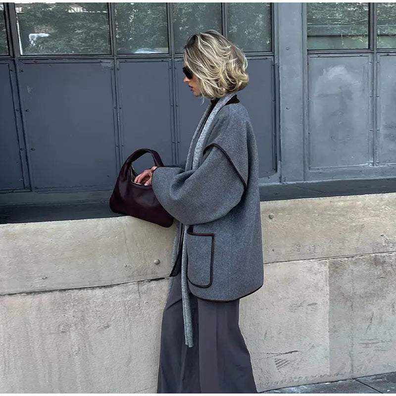 Veste Élégante en Laine pour Femme – Style Streetwear avec Col V et Ceinture - Reflet Paris