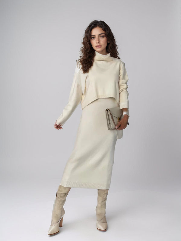 Ensemble Élégance d'Hiver : Robe Midi et Haut Col Montant - Reflet Paris