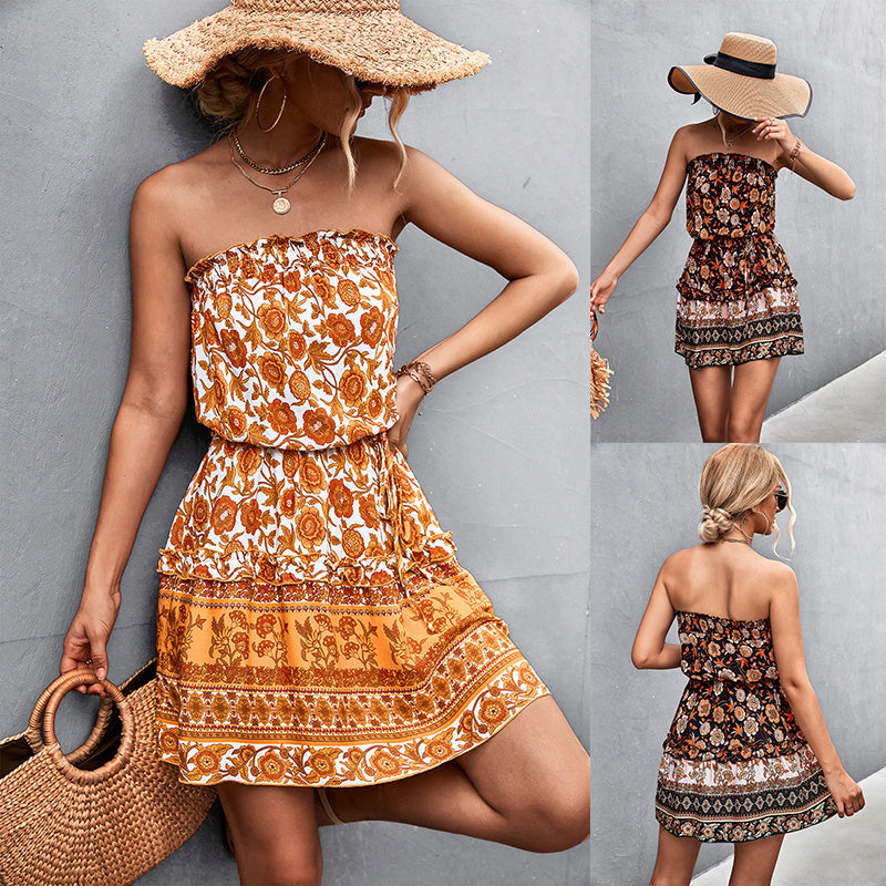 Women's Bohemian Floral Print Strapless Dress Summer Beach Dress - Reflet Paris