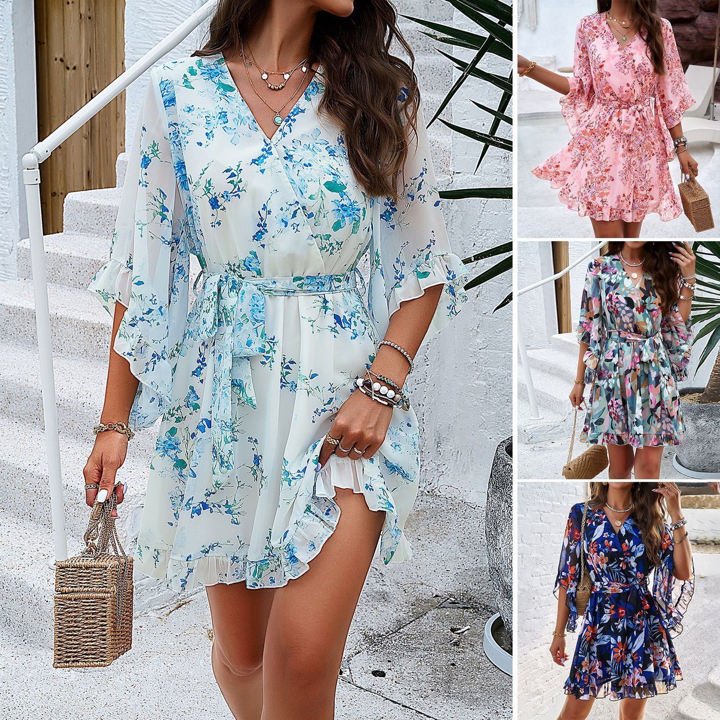 Florabelle : Robe Courte à Imprimé Floral avec Manches Courtes, Design Lacé et Volants pour Femme - Reflet Paris