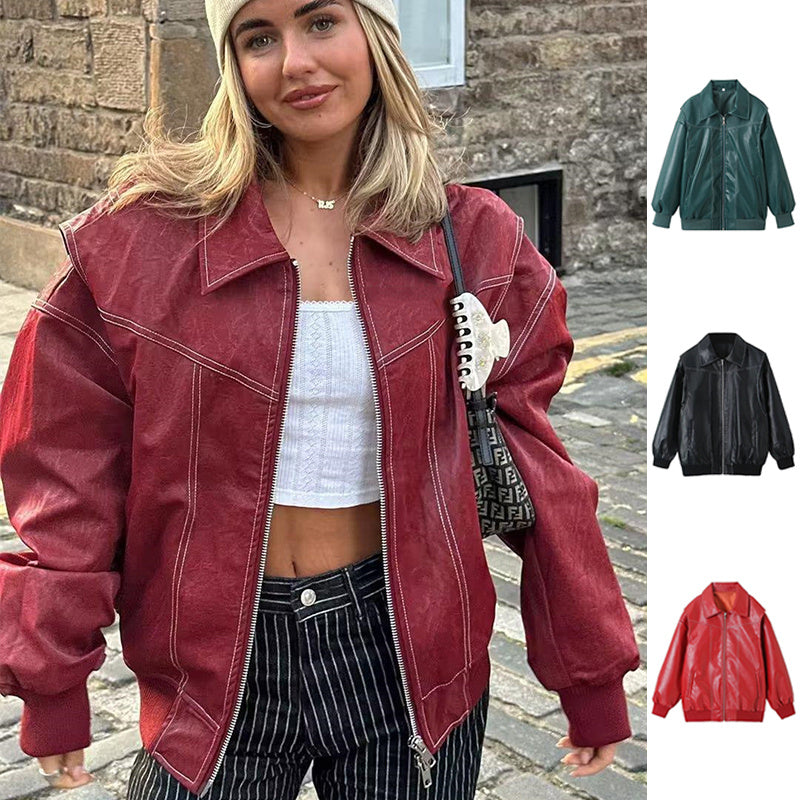 Veste Moto Femme à Col Revers – Cuir Longue avec Fermeture Zippée - Reflet Paris