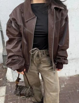 Veste Moto Femme à Col Revers – Cuir Longue avec Fermeture Zippée - Reflet Paris