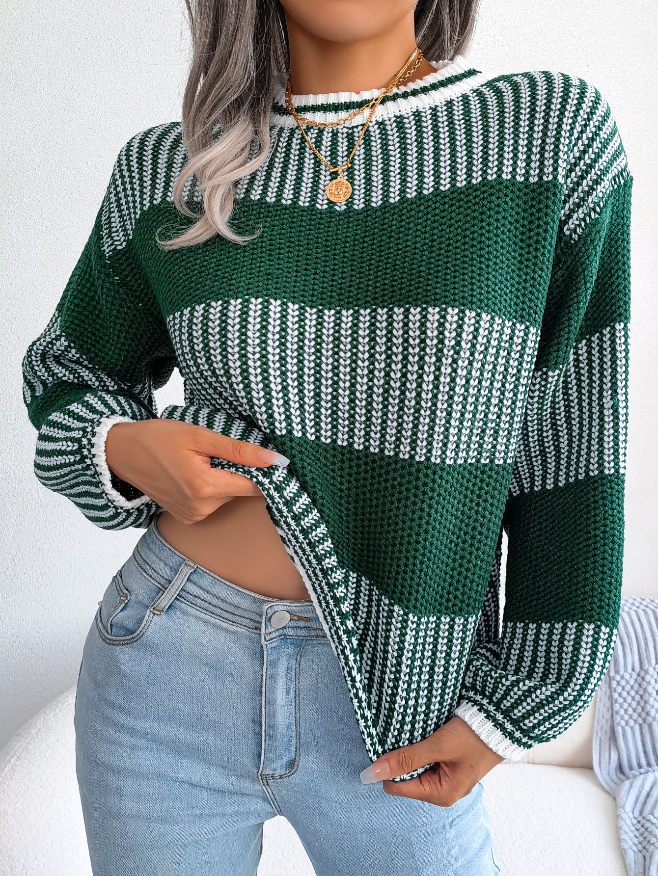 Two-Tone Crewneck Dropped Shoulder Sweater