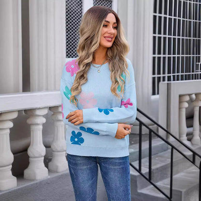 Pull Femme à Col Rond avec Fleurs en Coloris Contrastés™