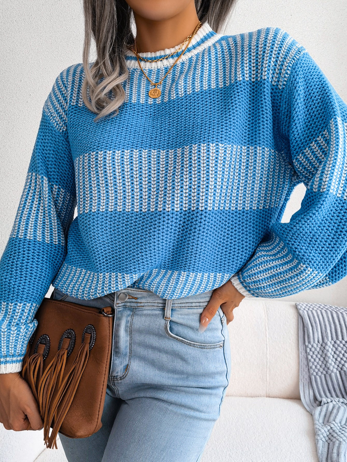 Two-Tone Crewneck Dropped Shoulder Sweater