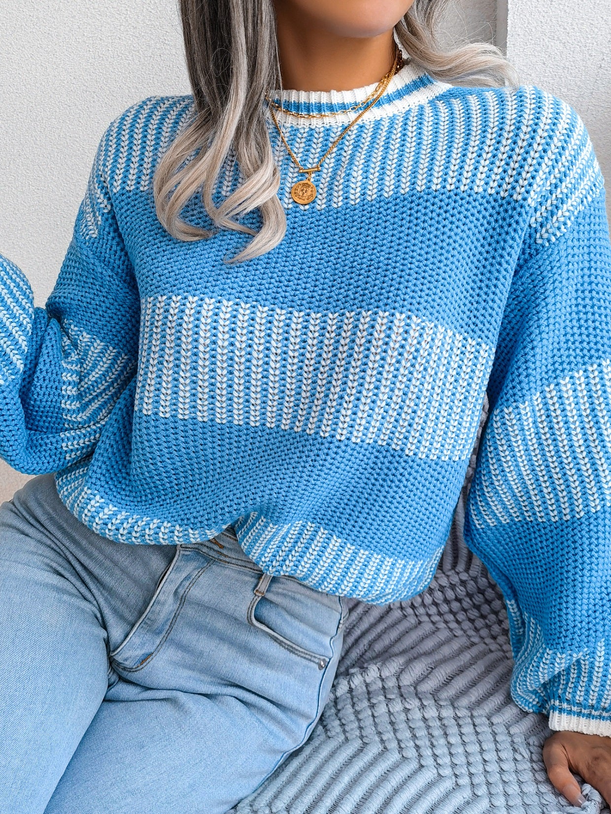 Two-Tone Crewneck Dropped Shoulder Sweater
