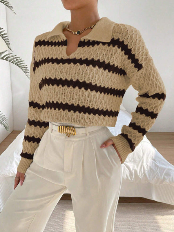 Striped Fashion Polo Collar Pullover