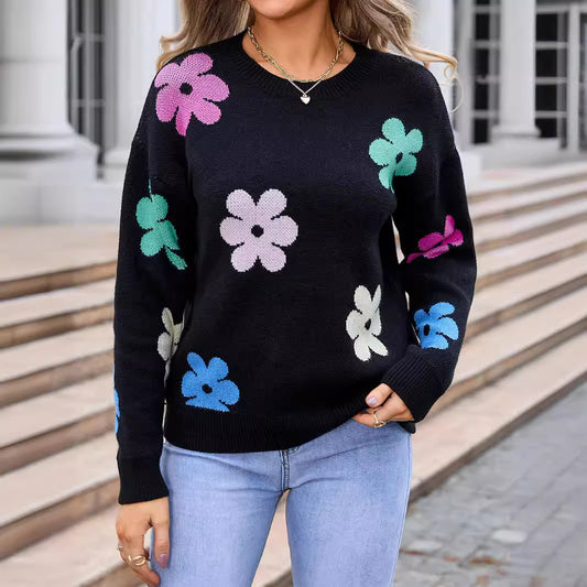 Pull Femme à Col Rond avec Fleurs en Coloris Contrastés™