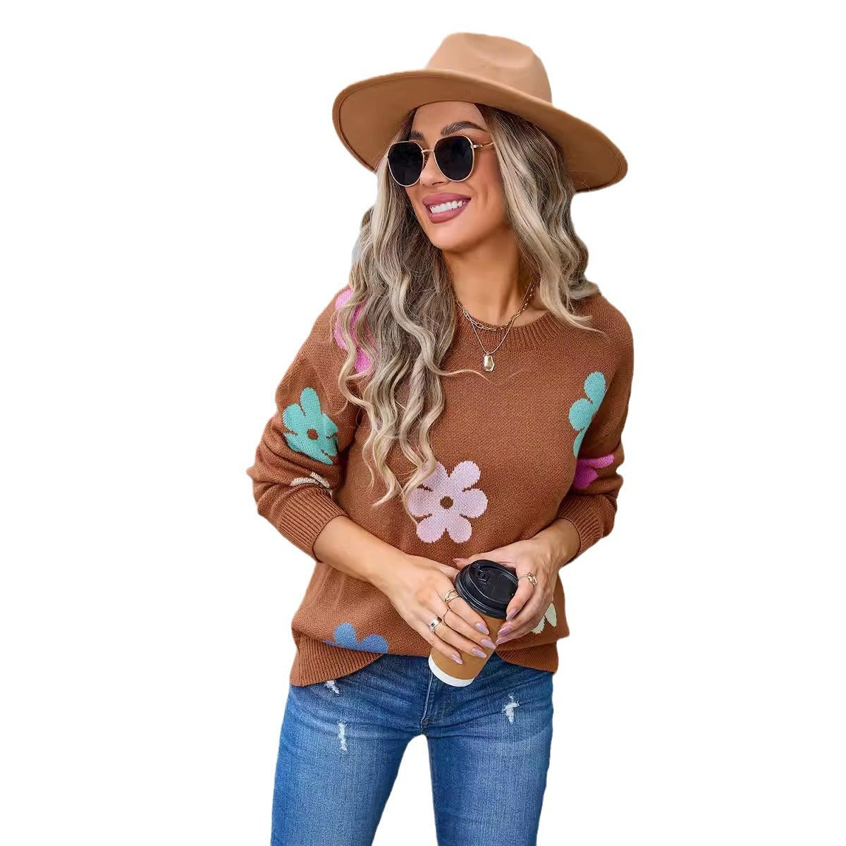 Pull Femme à Col Rond avec Fleurs en Coloris Contrastés™