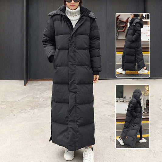 Person wearing a long black puffer coat, Parker Jacket 2025