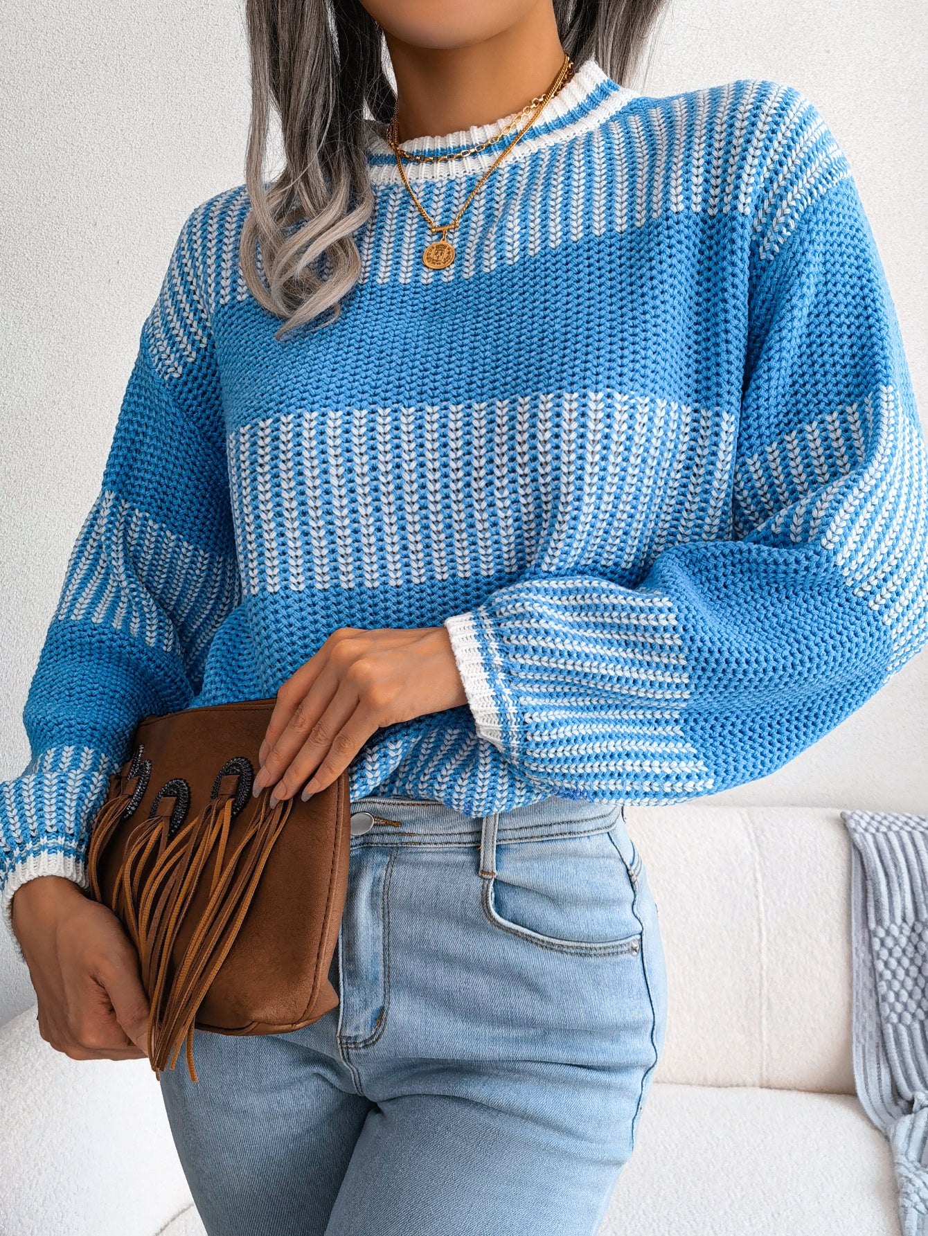 Two-Tone Crewneck Dropped Shoulder Sweater
