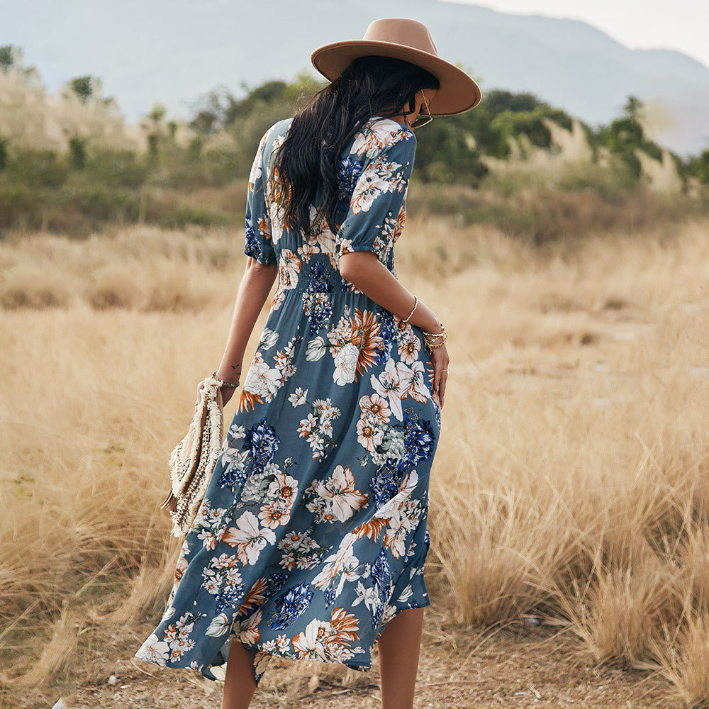 Robe d’Été Fleurie à Col V – Élégance Bohème, Taille Haute