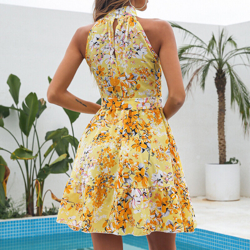 Floralie : Robe Halterneck Imprimé Floral avec Volants et Lacets pour Femme